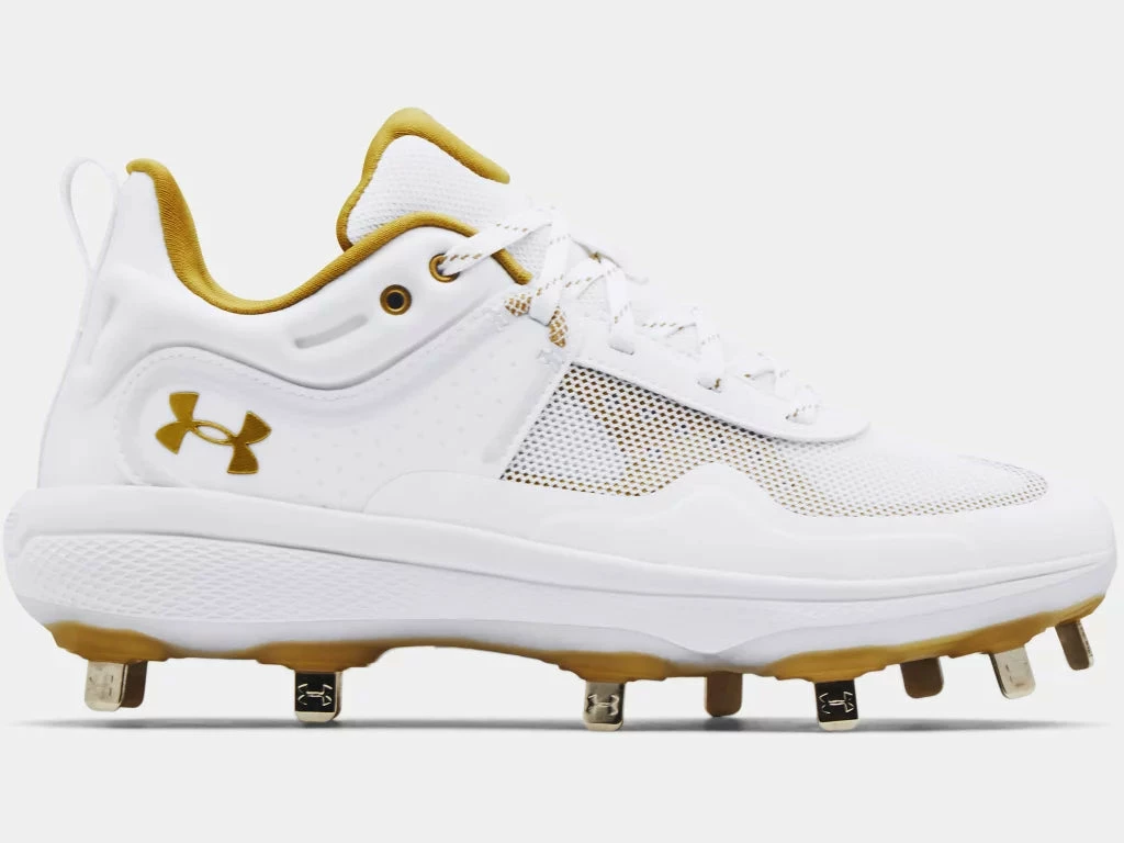 Under Armour Glyde MT Womens Metal Softball Cleat - White/Gold 1 Under Armour Glyde MT Womens Metal Softball Cleat - White/Gold